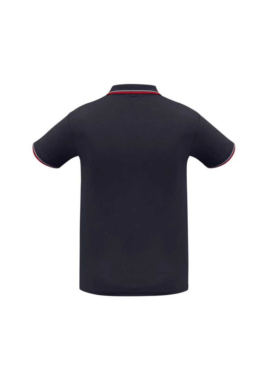 A short-sleeve polo shirt in navy blue with contrasting trim and a logo on the chest.