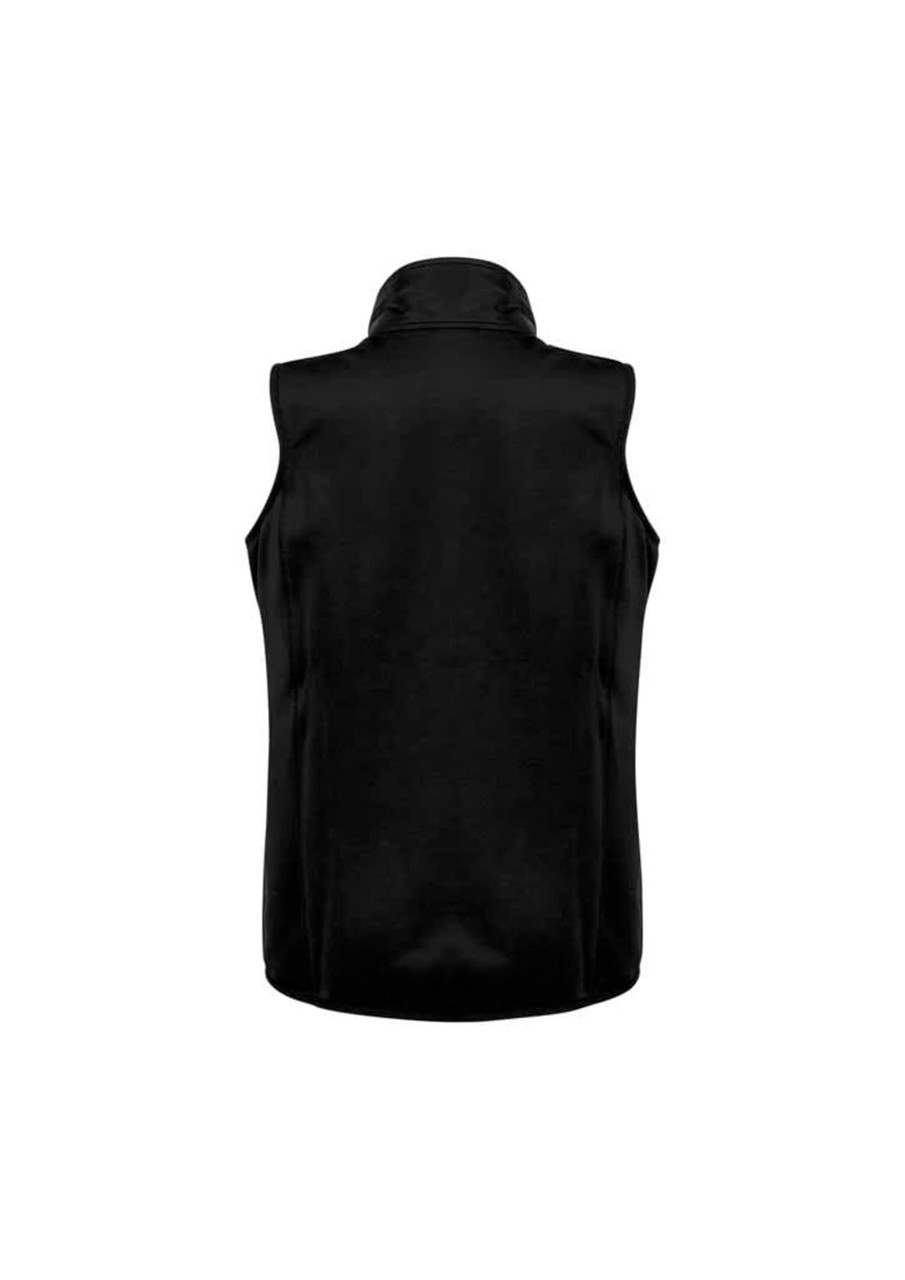 A black women's stealth vest with a high collar and a fitted design, featuring a logo on the back.