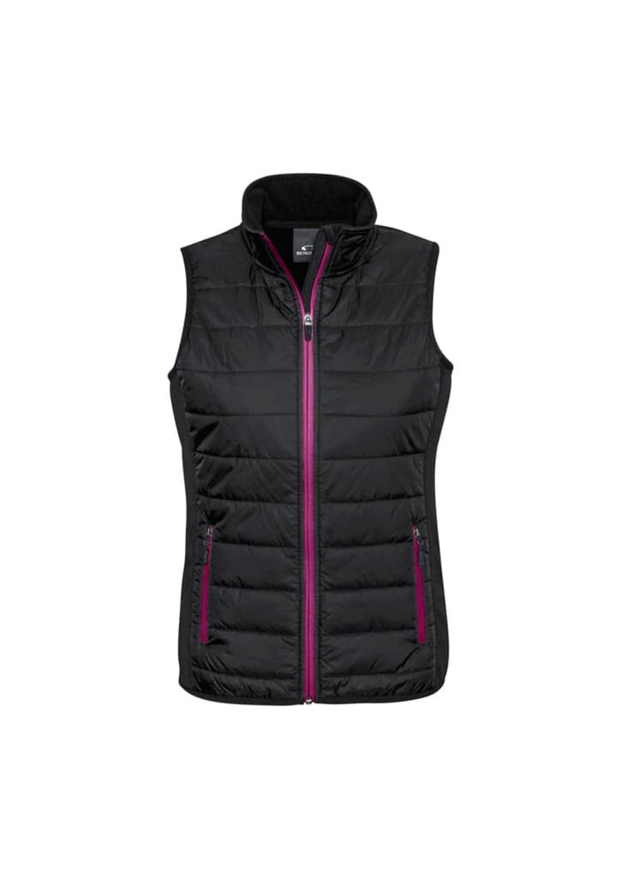 A black vest with a high collar and purple zippers, featuring two side pockets and a logo on the chest.