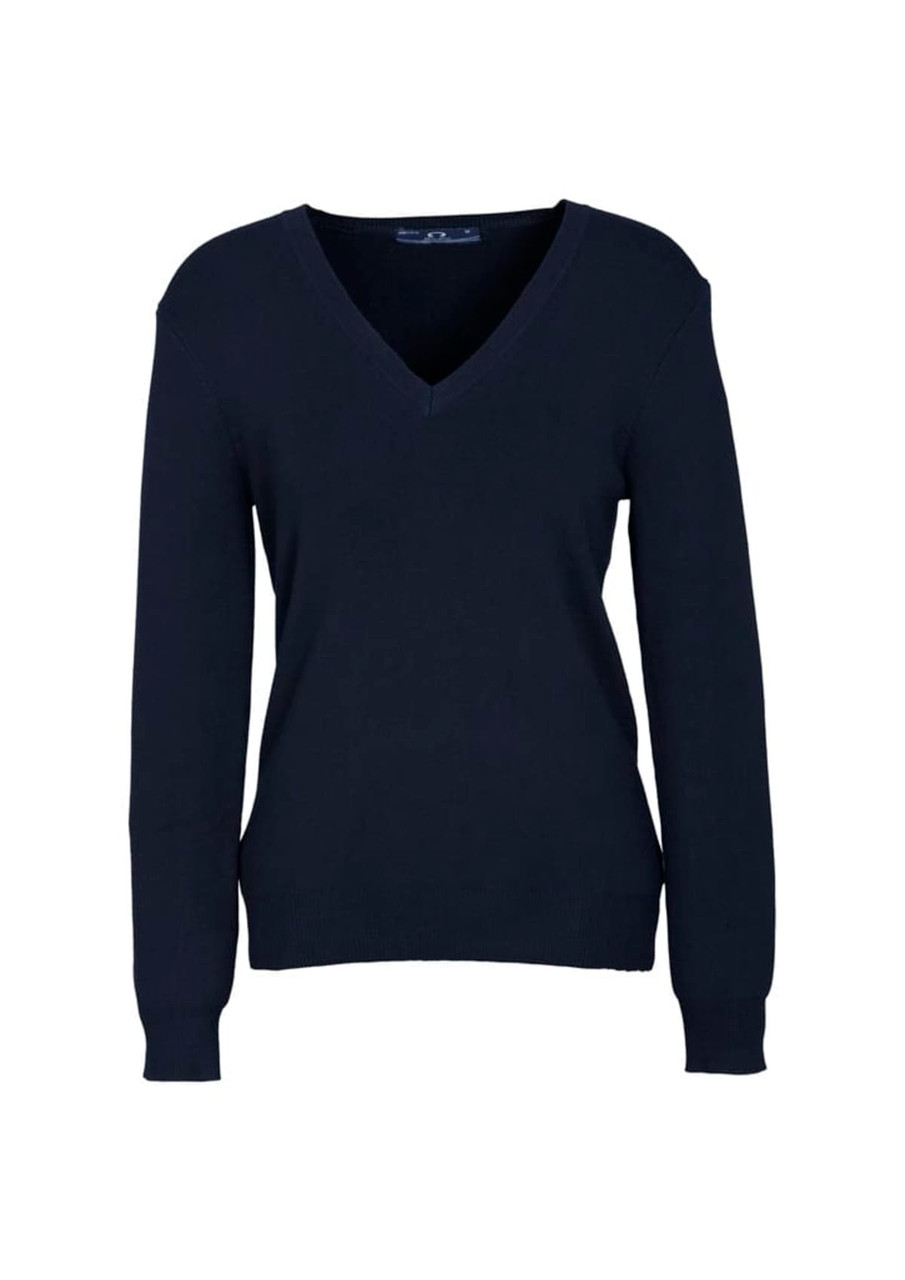 A women's navy V-neck knitted pullover featuring long sleeves and a relaxed fit.