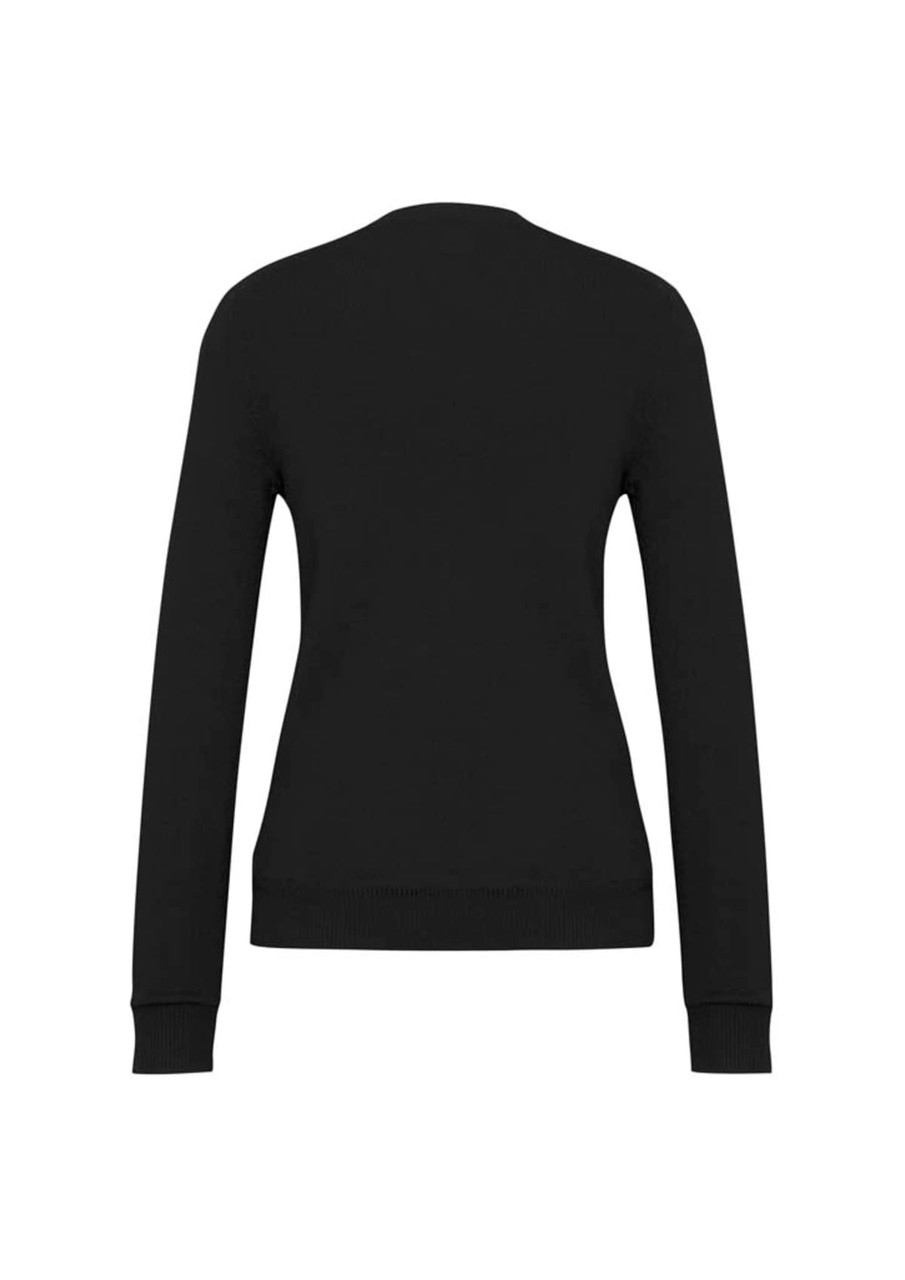 A black Women's V-Neck Knit Pullover featuring long sleeves and a fitted design, with a visible logo on the back.