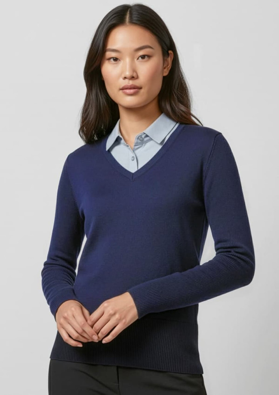 A women's navy Milano pullover sweater with a V-neck and long sleeves, featuring a logo on the chest.