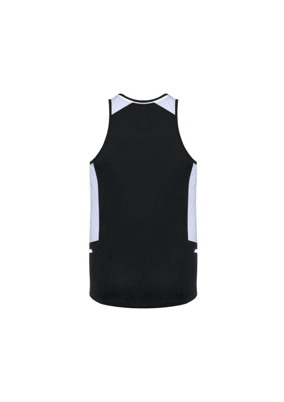 A black singlet featuring light blue accents and side pockets, with a logo on the back.