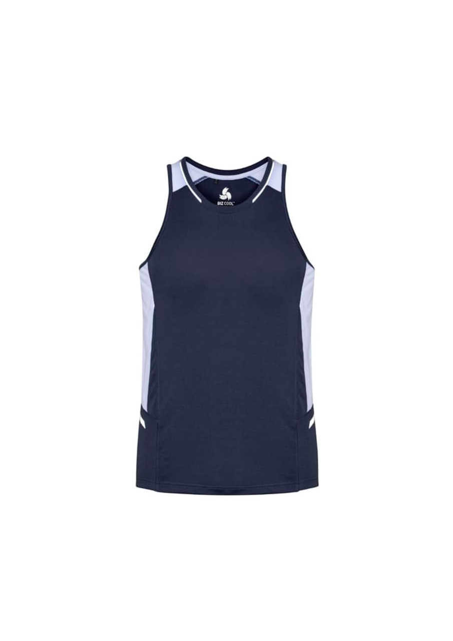 A navy singlet with light grey side panels and a logo on the front, designed for men.