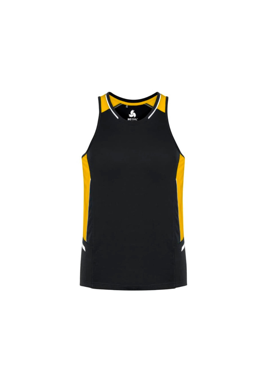 A black and yellow sleeveless singlet featuring a logo, designed for men.