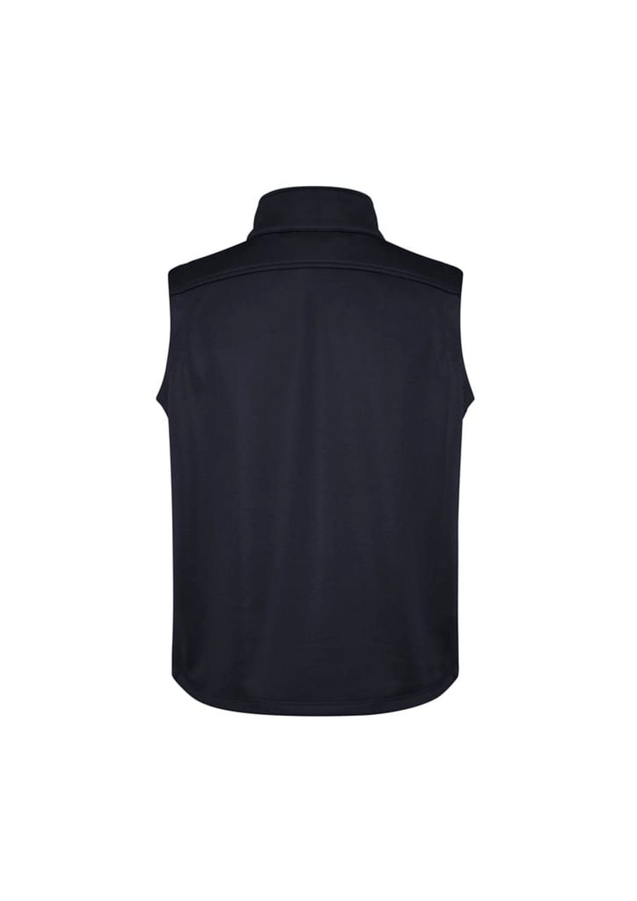 A black men's softshell vest with a high collar and no sleeves, featuring a logo on the back.