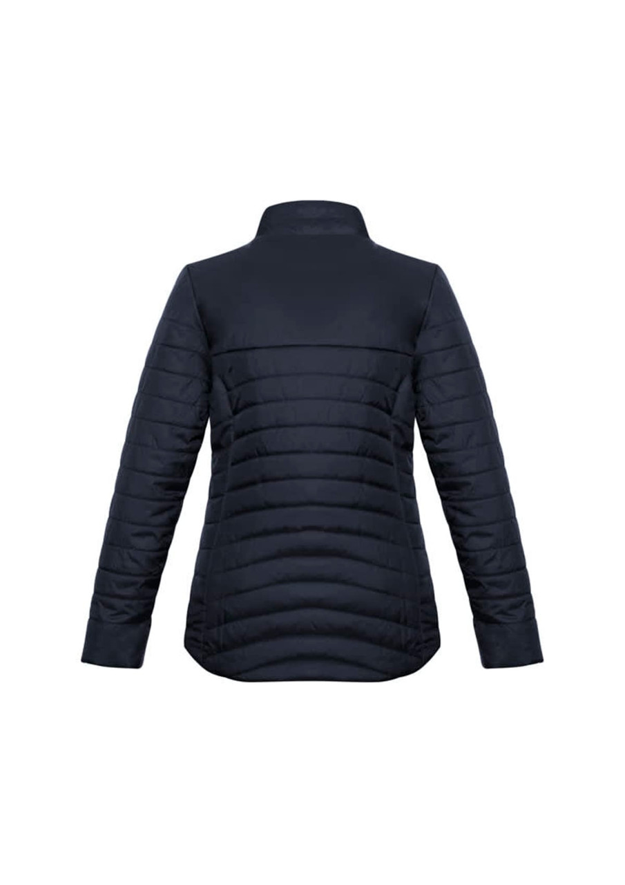 A women's puffer jacket in navy blue, featuring a high collar and a sleek, quilted design.