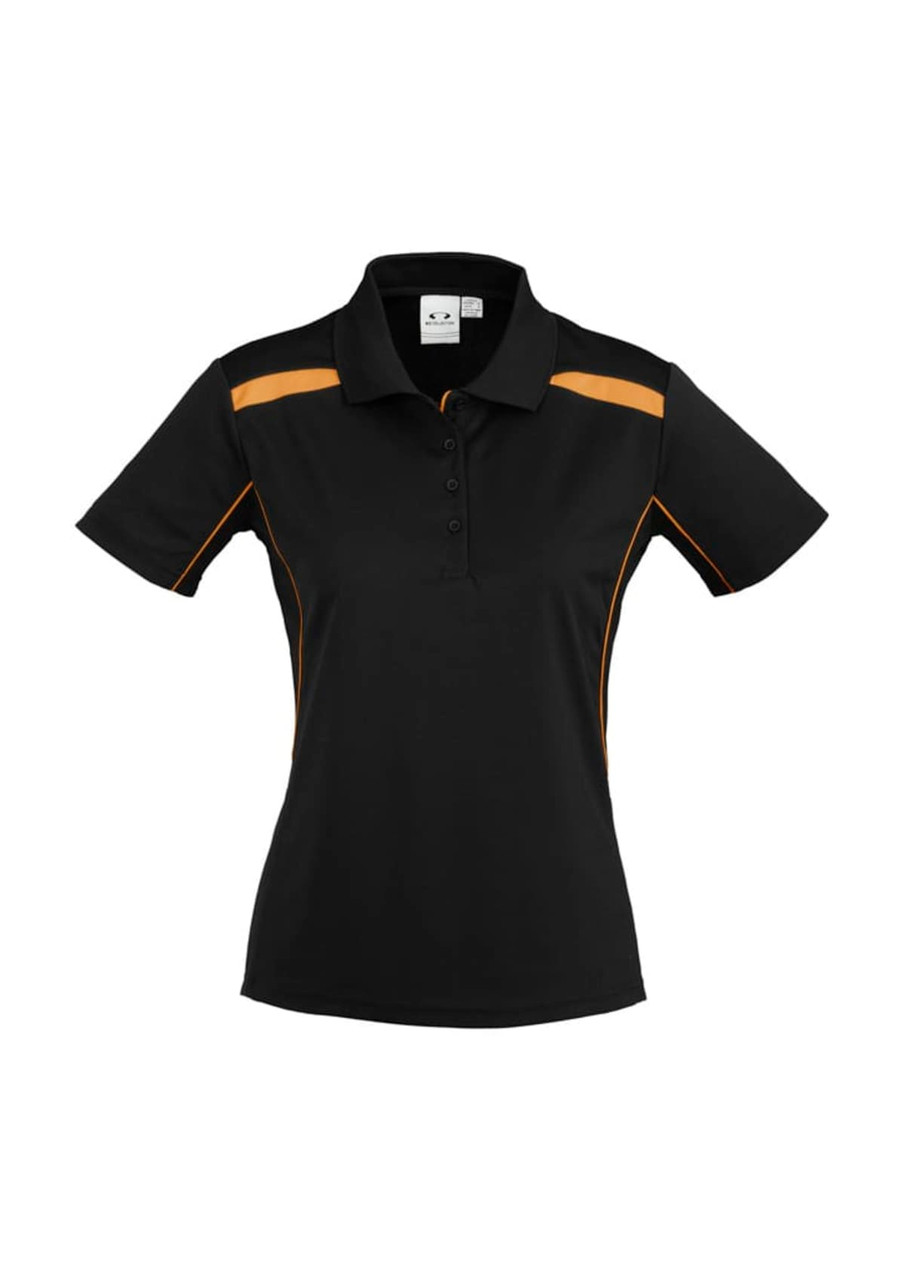 A women's short sleeve polo shirt in black with orange accents and a logo on the front.