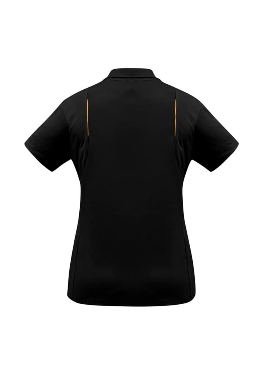 A black women's short sleeve polo shirt with a streamlined design and contrasting details. Features a logo.