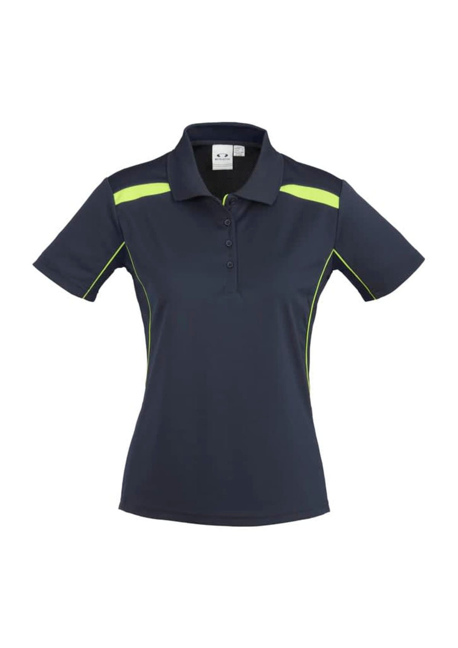 A navy women's polo shirt featuring short sleeves and bright yellow accents, with a collar and buttons, includes a logo.