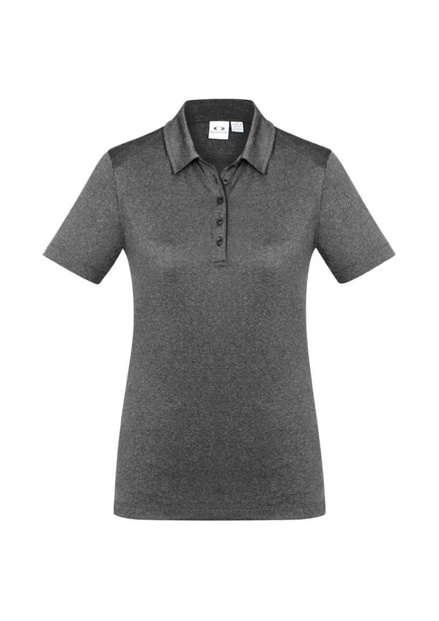 A women's polo shirt in dark grey, featuring short sleeves and a collar with buttons. Includes a logo on the front.