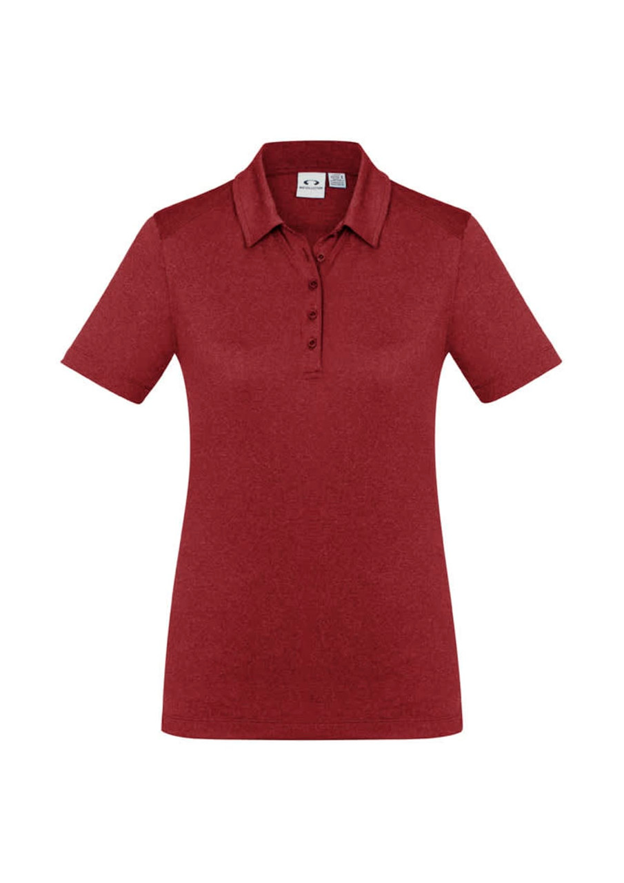 A women's short sleeve polo shirt in a rich burgundy colour, featuring a collar and buttons, with a logo on the front.