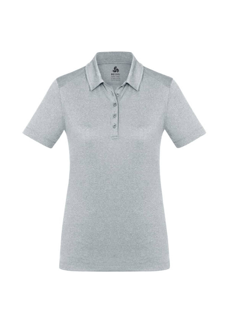 A light grey women's short sleeve polo shirt with a collar and a logo on the chest area.