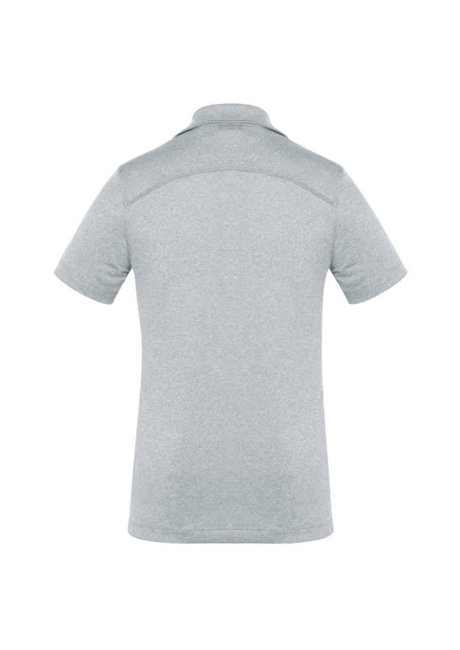 A light grey women's short sleeve polo shirt with a subtle texture and a back view. It features a logo.