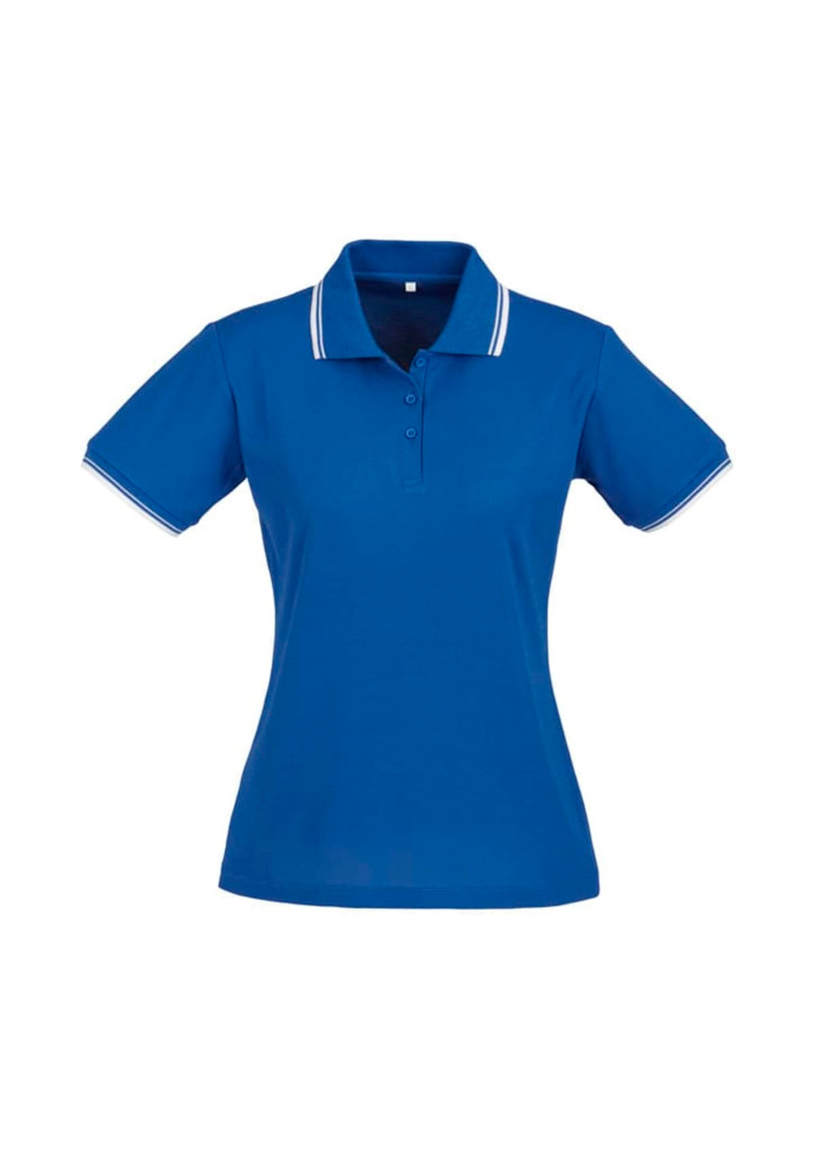 A blue women's short sleeve polo shirt with white striped detailing and a classic collar. It features a logo.