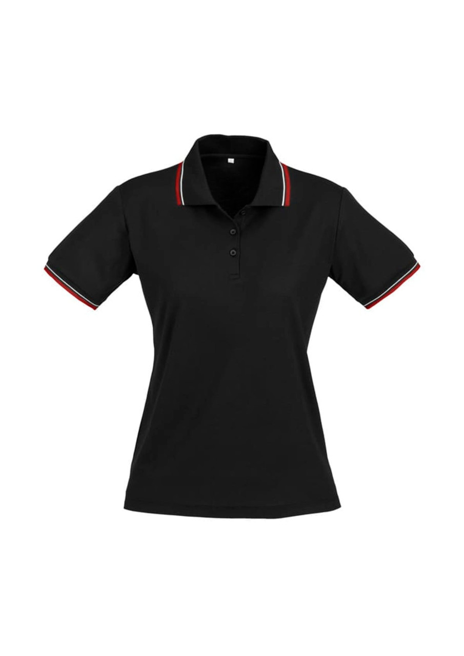 A black women's polo shirt with short sleeves and contrasting trim, featuring a collar and a logo.