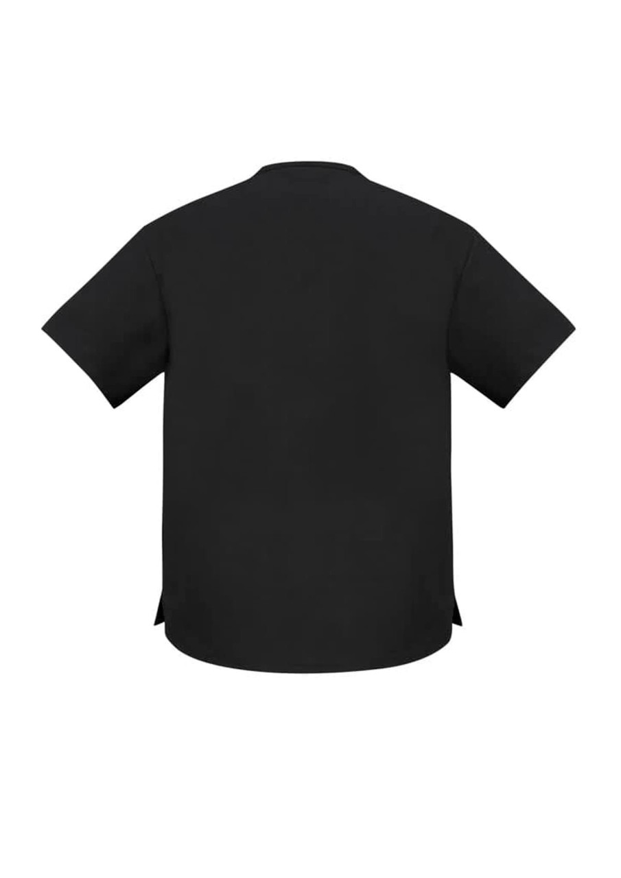 A black unisex scrub top with short sleeves and a back view, featuring a logo.