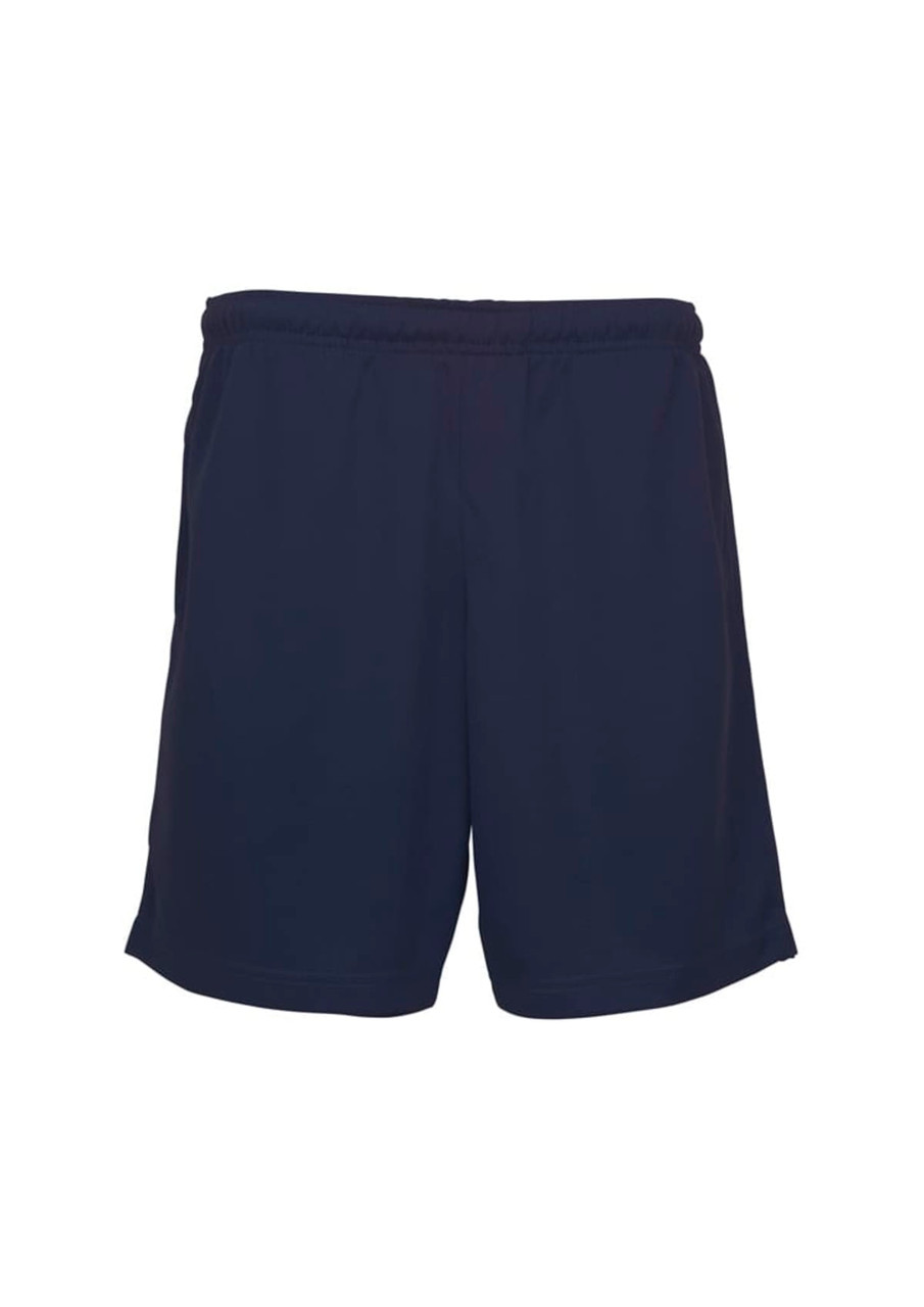 Navy sports shorts with an elastic waistband. The design is simple and features a logo.