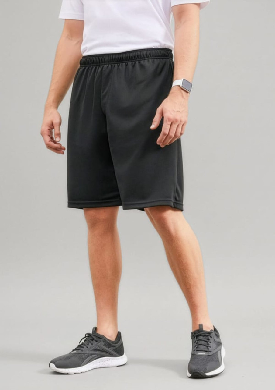 Black men's sports shorts with an elastic waistband and a logo, displayed on a model in a neutral background.