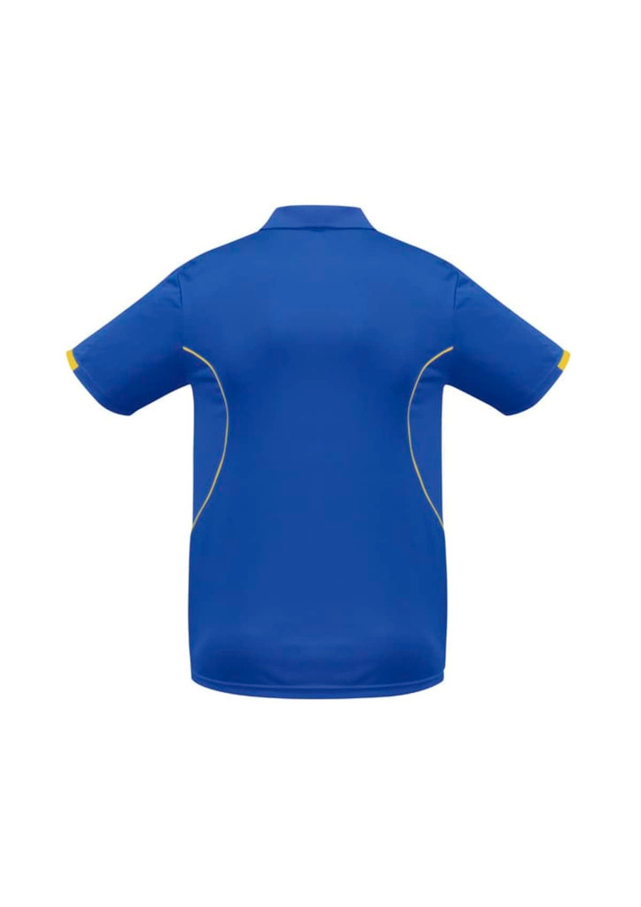 A blue short sleeve polo shirt with yellow accents and a logo on the back.