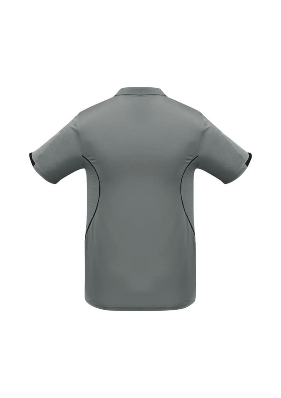 A grey short sleeve polo shirt featuring a sleek design and contrasting black accents. It has a logo on the back.