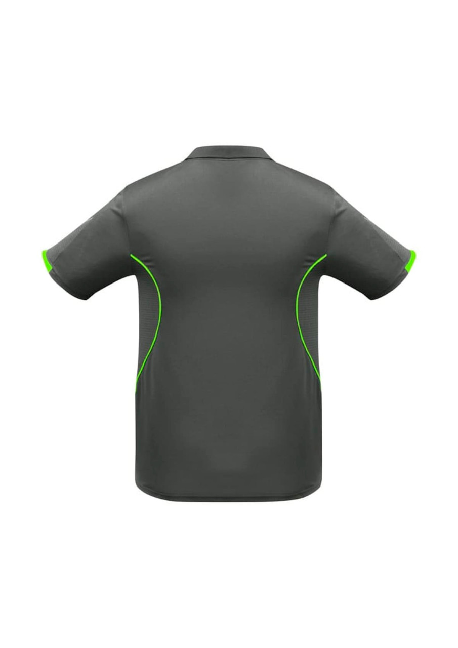 A grey short sleeve polo shirt featuring green detailing and a logo on the back.