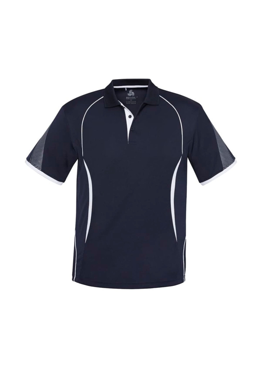 A navy blue short sleeve polo shirt featuring white accents and a branded logo on the collar.