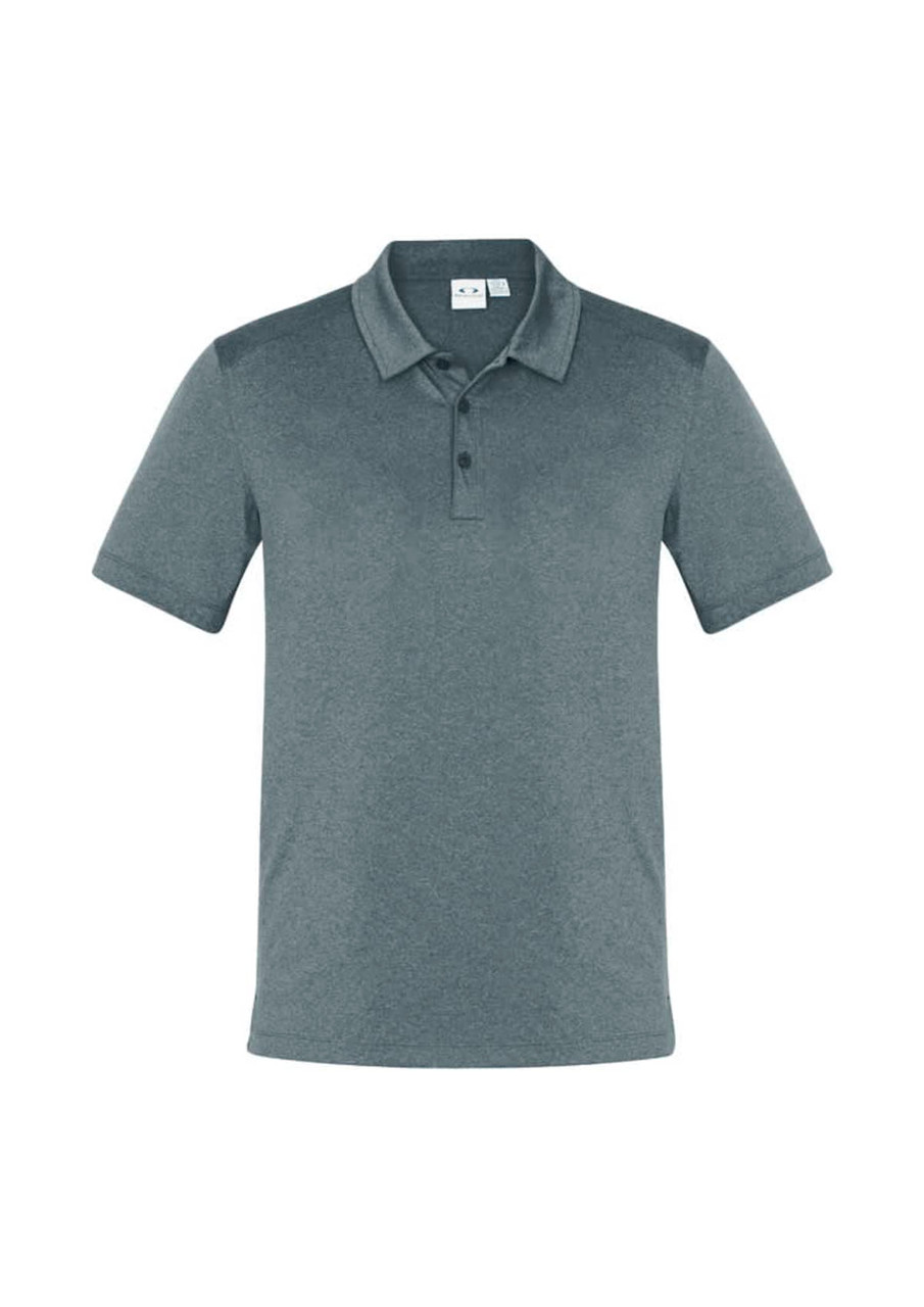 A short sleeve polo shirt in a dark grey colour with a collar and a logo on the chest.