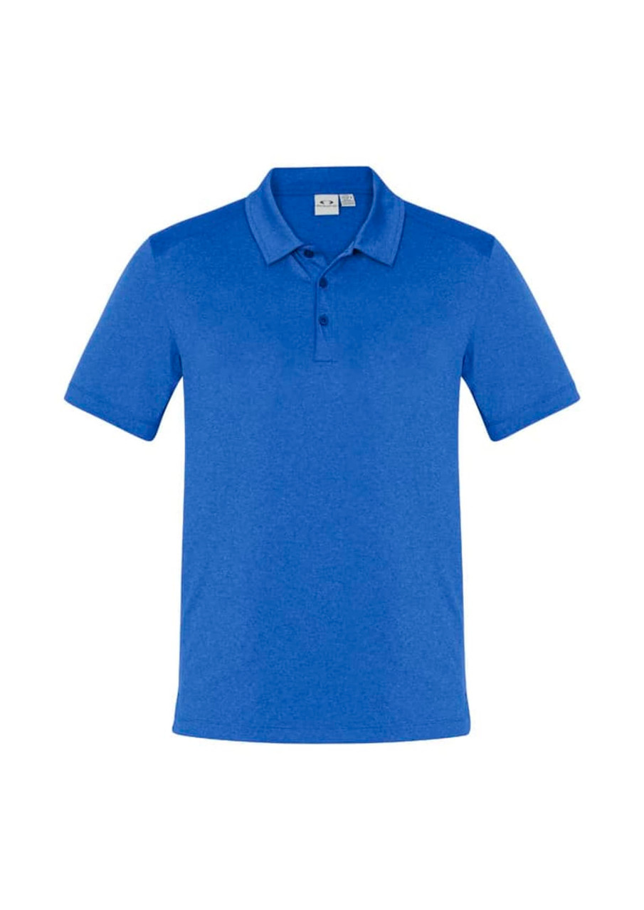 A blue short sleeve polo shirt featuring a collar and a branding logo.