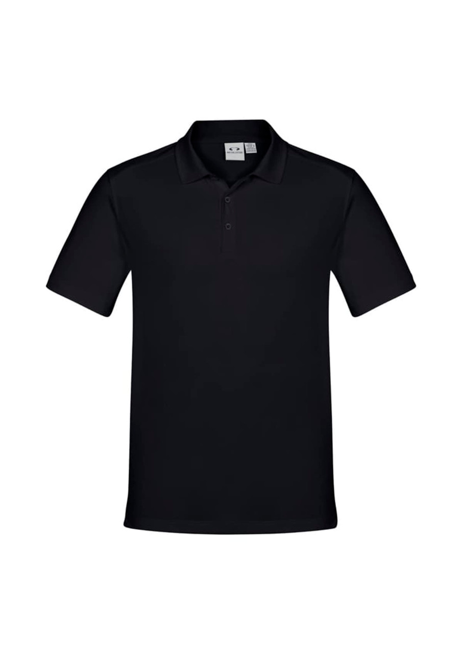 A black men's short sleeve polo shirt with a collar and a logo.