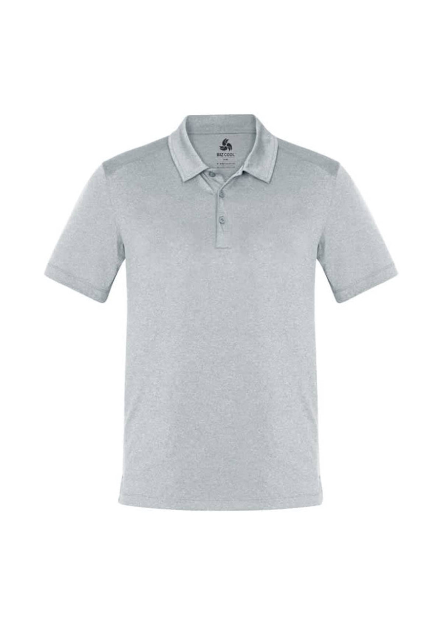 A light grey men's short sleeve polo shirt with a classic collar and a logo on the chest.