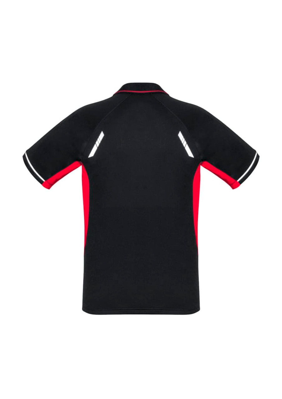 A black and red men's short sleeve polo shirt featuring a logo and reflective details on the back.
