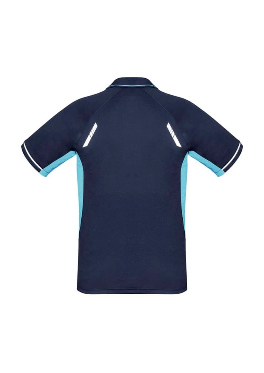 A navy blue short sleeve polo shirt with light blue accents and a logo on the front.
