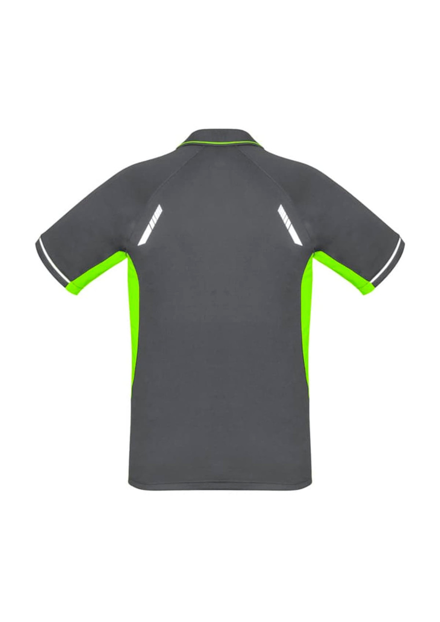 A grey short sleeve polo shirt with vibrant green accents and reflective details on the shoulders. Features a logo.