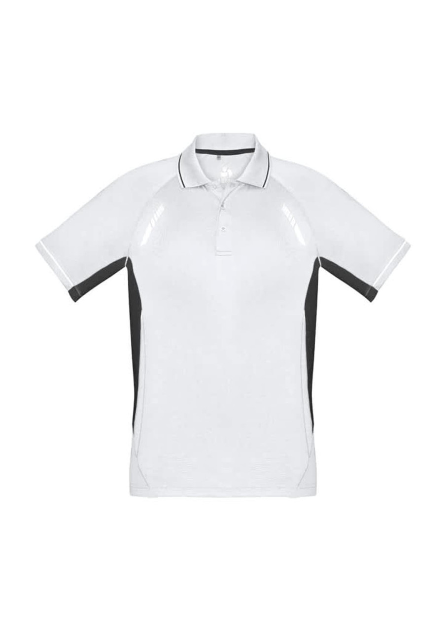 A short sleeve polo shirt in white with black side panels and a collar, featuring a logo.