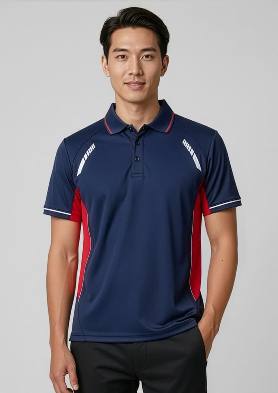 A navy blue polo shirt with red accents and a logo, featuring short sleeves and a collared design.