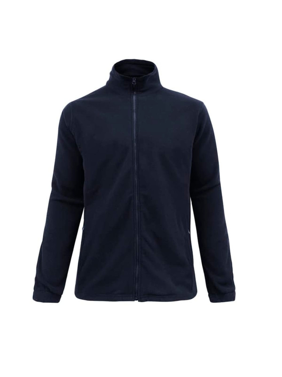 A plain navy micro fleece jacket with a zip front and high collar, featuring long sleeves. It has a branding logo.