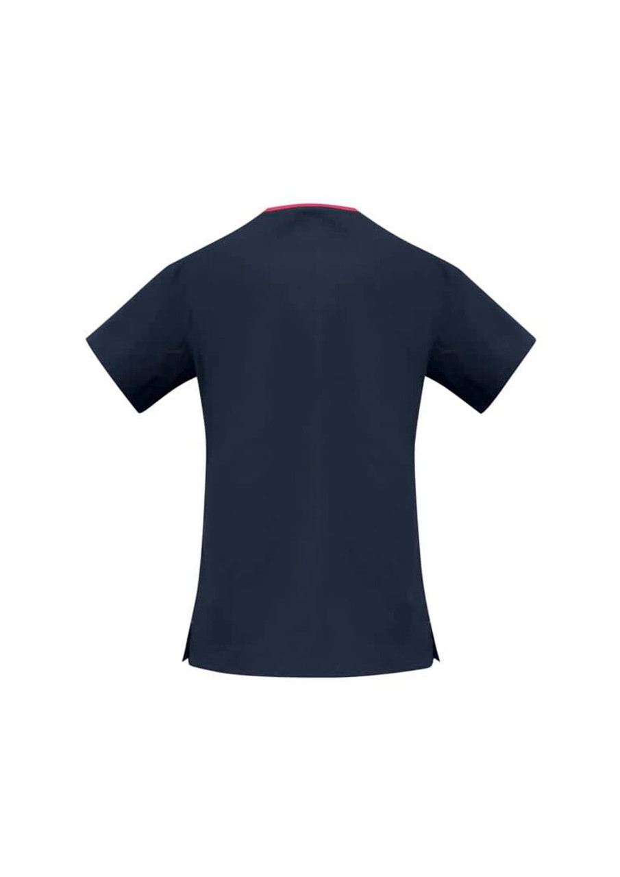 A navy scrub top with short sleeves, featuring a contrast detail along the neckline and a logo.