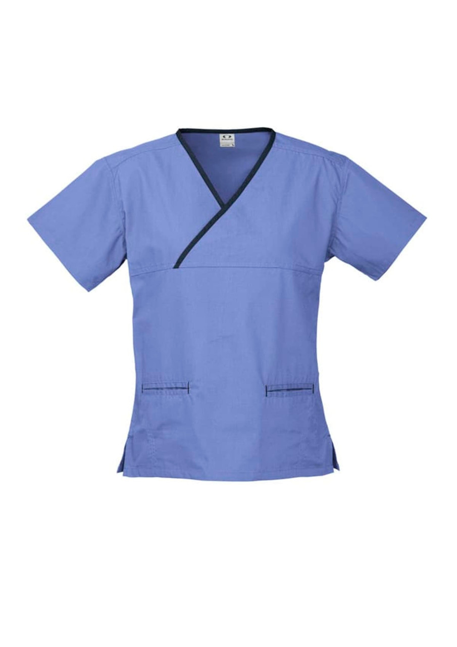 Classic women's scrub top in light blue with black contrast detailing and pockets. Features a crossover neck design and logo.