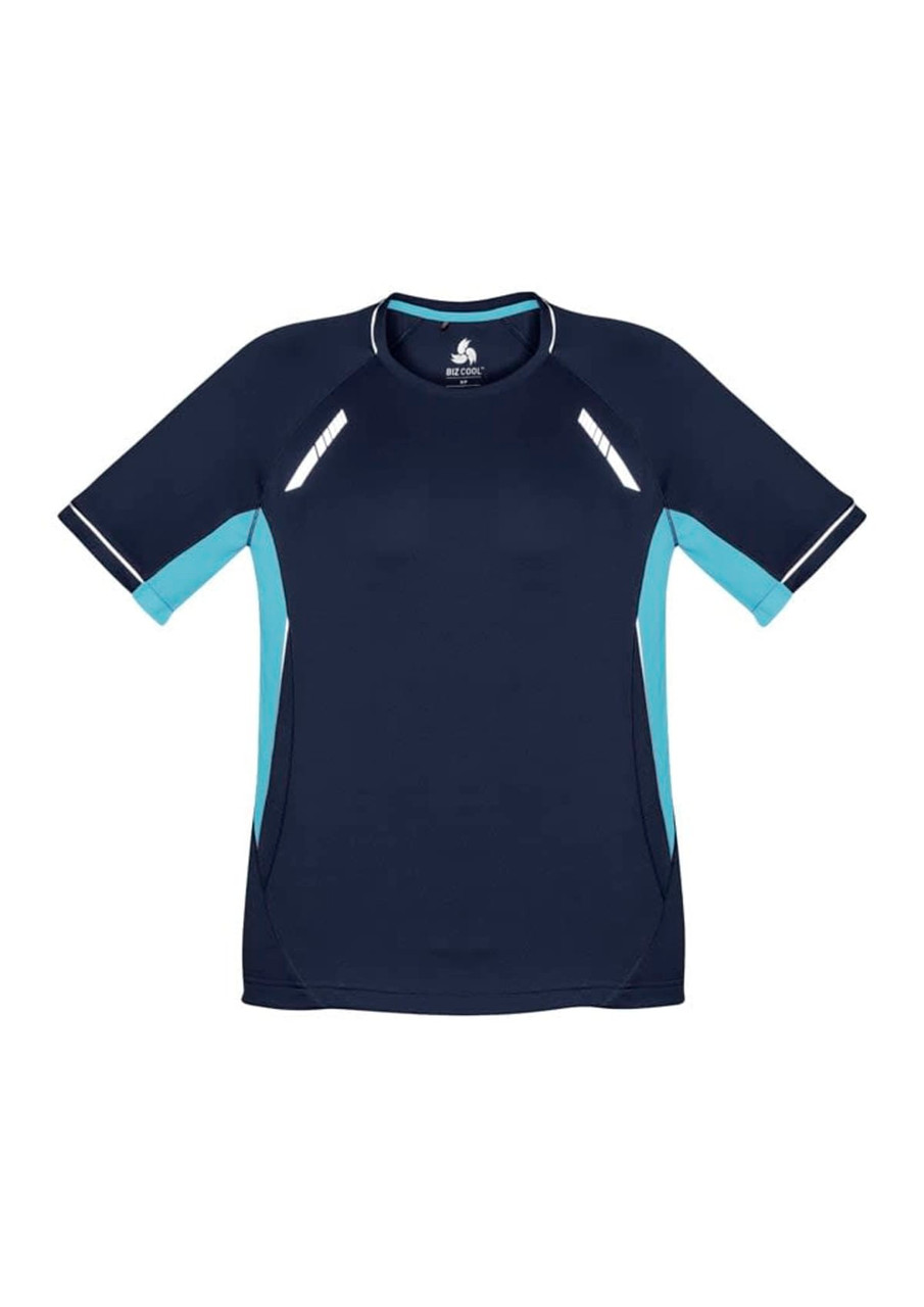 A short sleeve tee in navy and light blue with contrasting shoulder panels and a logo.