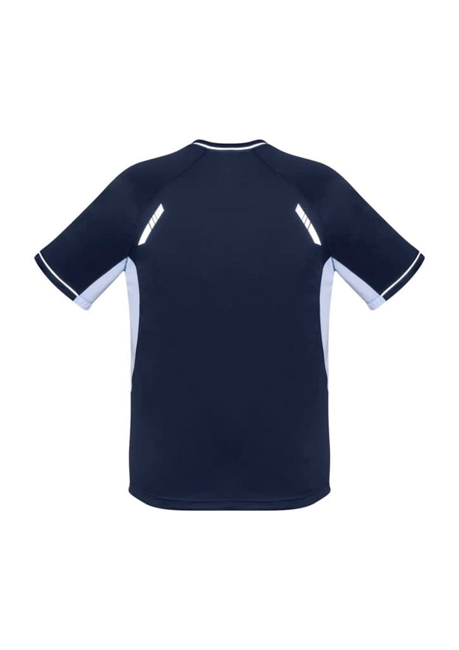 A dark navy short sleeve tee with light blue accents and reflective detailing on the shoulders. It features a logo.