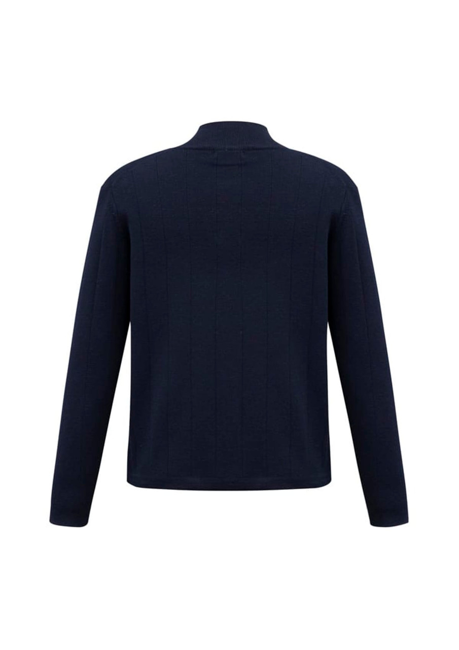 A navy blue 80/20 wool pullover featuring a ribbed texture and a high collar, with a logo on the back.