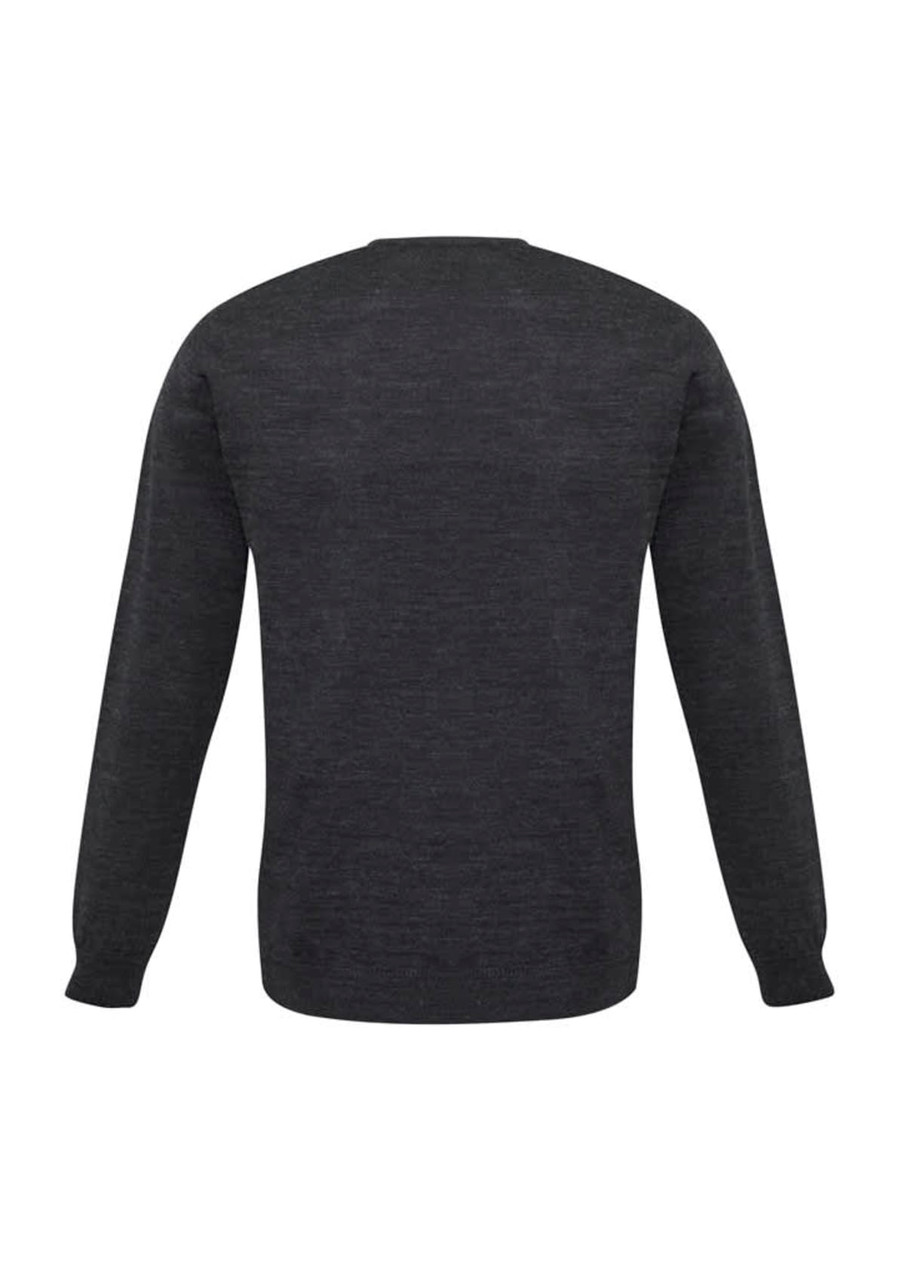 A dark grey men's pullover sweater featuring long sleeves and a simple design at the back. It has a logo.