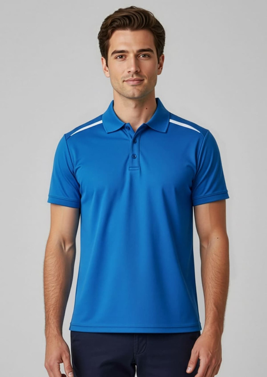 A blue short sleeve polo shirt with white detailing, featuring a logo on the left side.