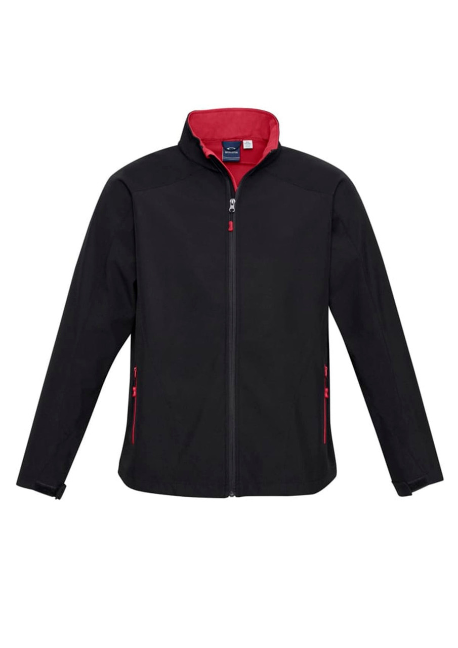A black soft shell jacket with red detailing, featuring a zip front and pockets. It has a logo on the chest.