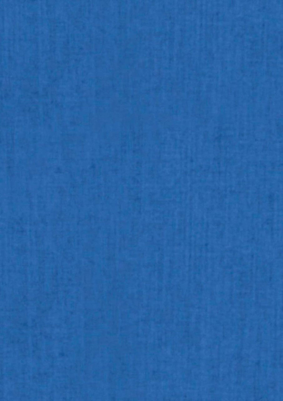 A blue short sleeve button-up shirt with a subtle texture and a logo.