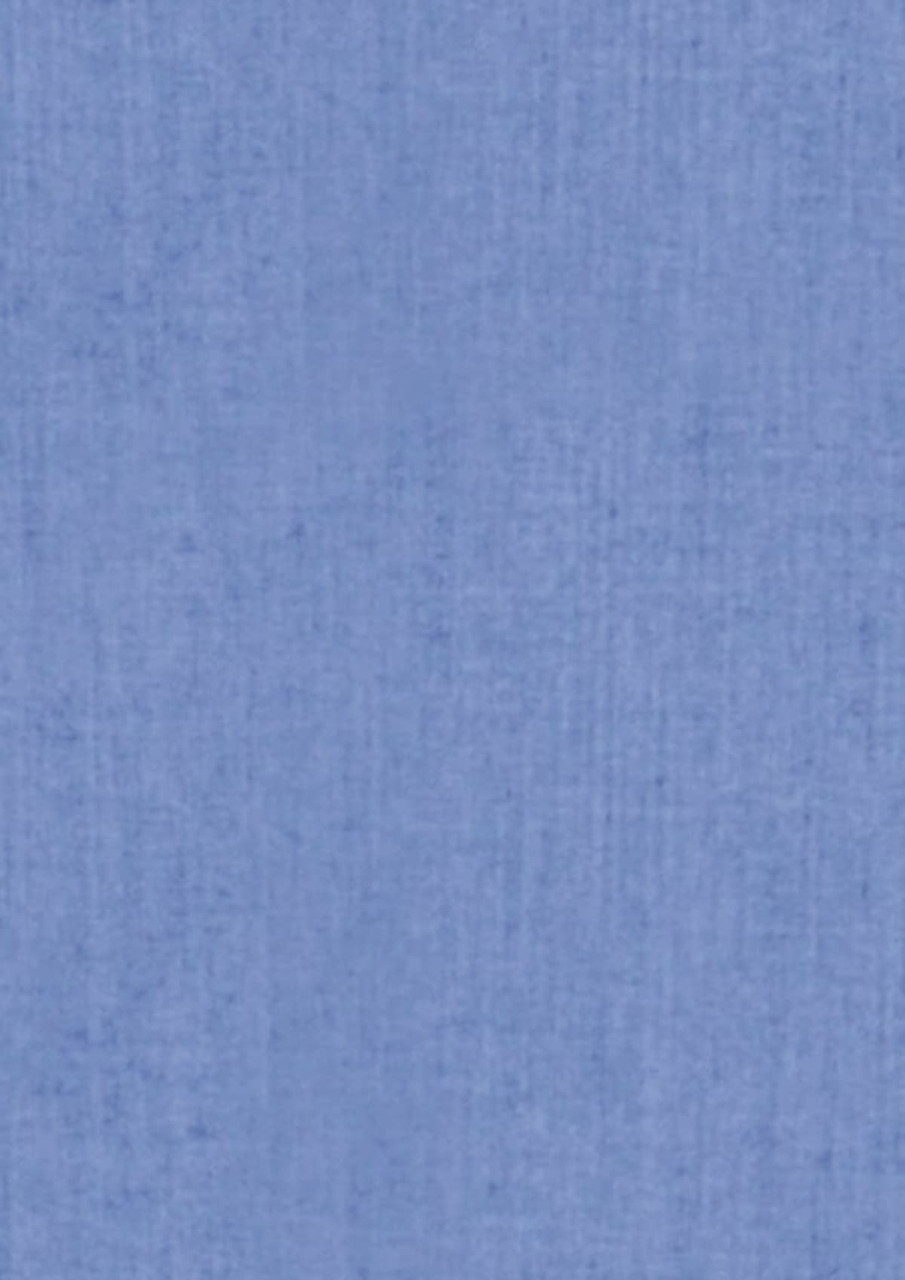 A textured fabric in a soft blue hue, suitable for a women's button-up shirt. Features a logo.