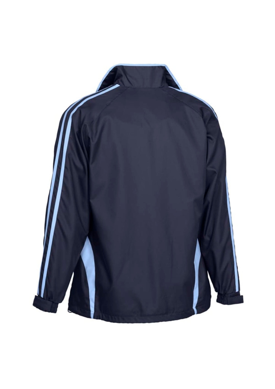 A navy track jacket featuring light blue stripes, showcasing a branded logo on the back.