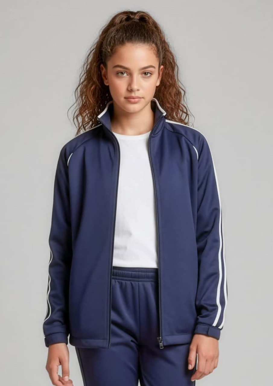 A navy track jacket with white stripes, featuring a zip front and a high collar, worn by a model.
