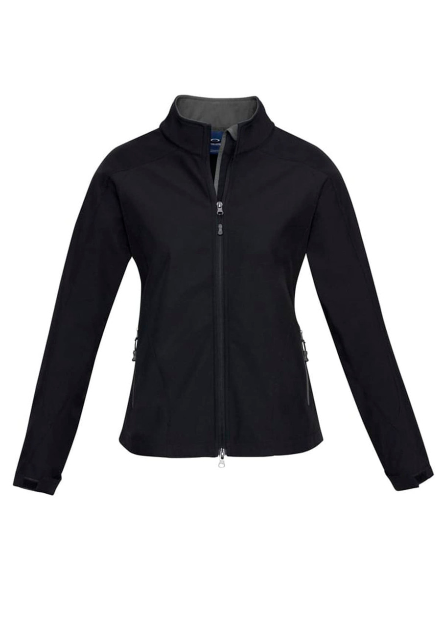 A black soft shell jacket featuring a zip front and side pockets, with a logo on the front.